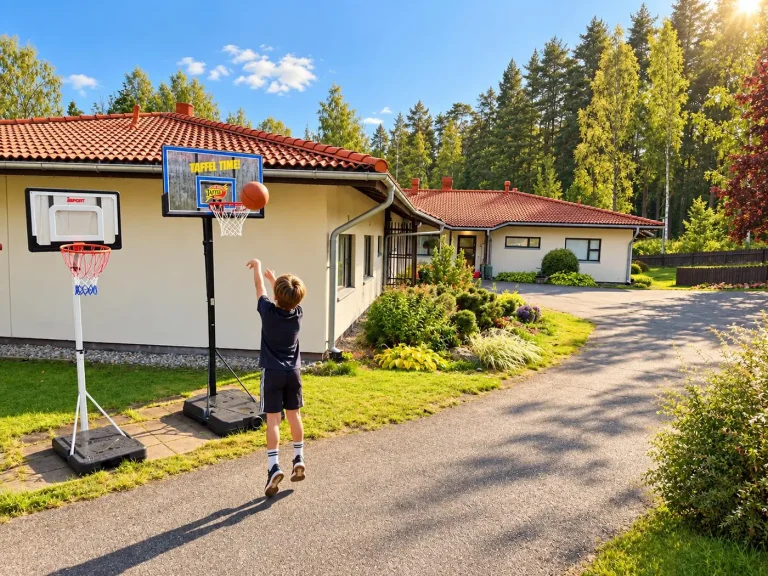 Nuori pelaamassa koripalloa Lastenkoti Kotirauhan pihalla Heinolassa