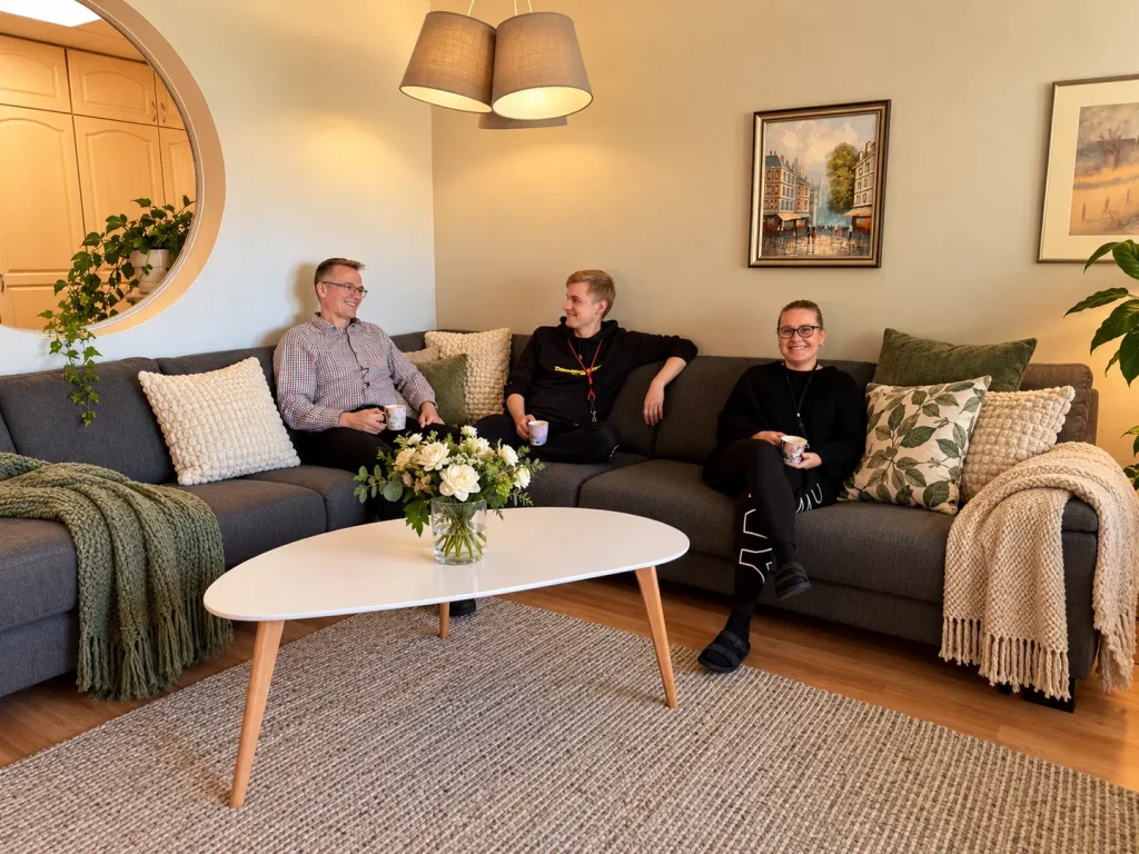 Johtaja, ohjaaja ja vastaava ohjaaja kahvilla Vekaroiden olohuoneen sohvalla.