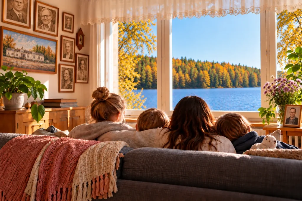 Tekoälyn tuottama kuva perheen rentoutumisesta sohvalla. Seinällä valokuvaraameissa edeltäviä Kotirauhan johtajia.